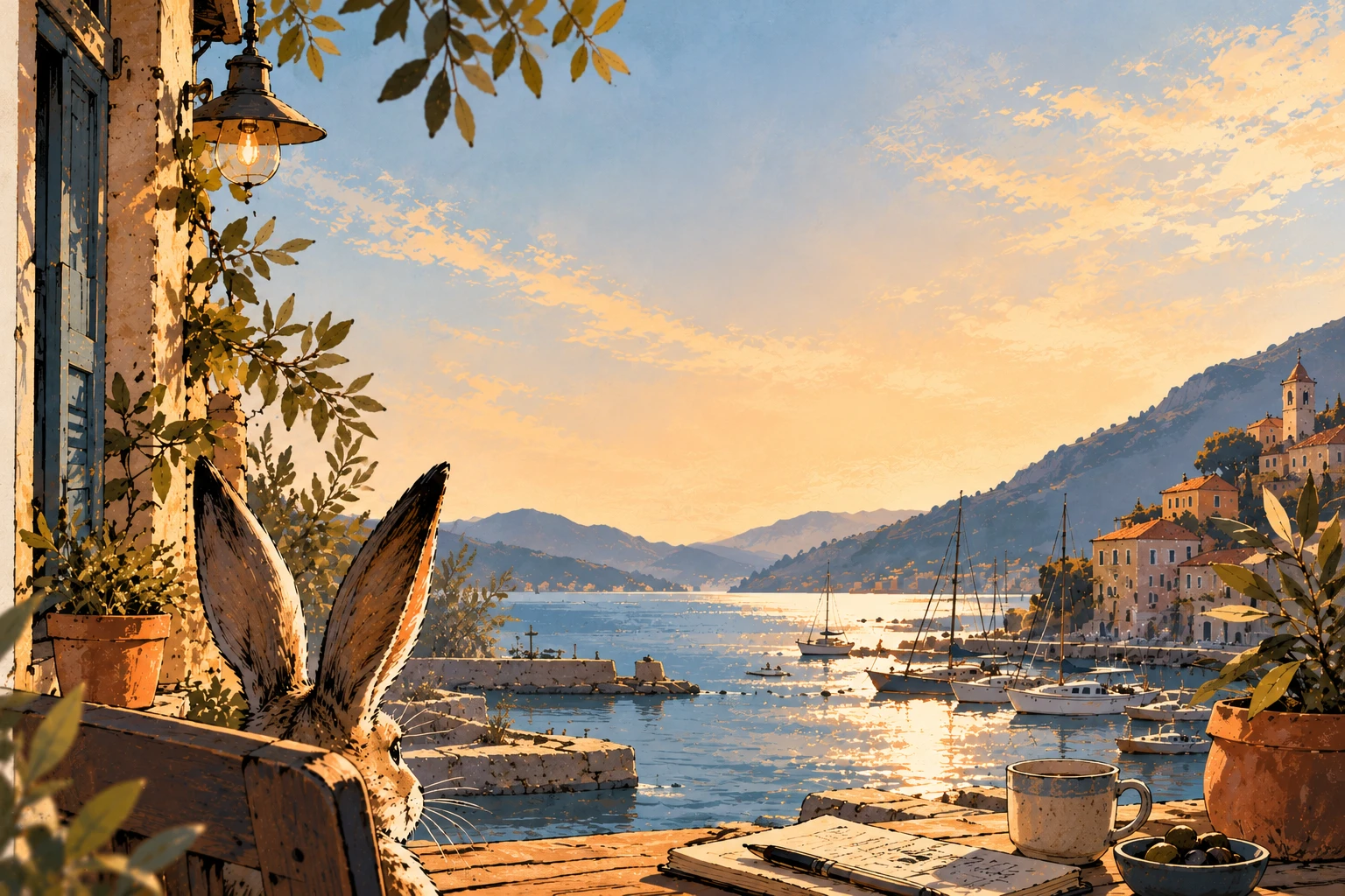 Ein Hase blickt von einer Terrasse auf einen mediterranen Hafen im Abendlicht.